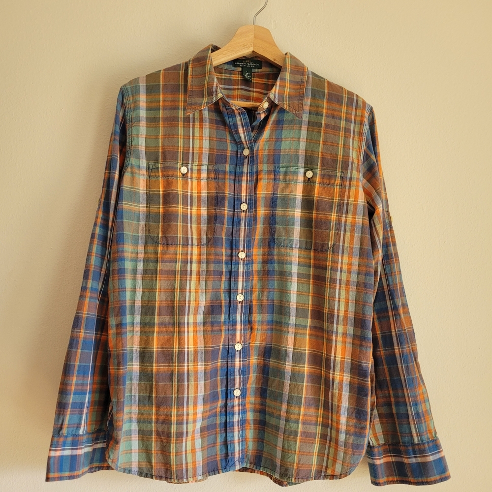 Lauren Jeans Co LRL Button Up Shirt Women's L Madras Plaid Long Sleeve Roll Tab - Picture 2 of 8